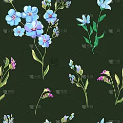 矢量花无缝模式与蓝色花和花蕾，勿忘我，粗花呢，茎和叶在黑色背景，数字绘制，装饰插图，矢量，EPS 8
