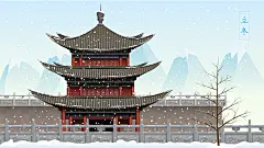 古风山水建筑凉亭荷花插画海报