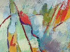 生动的抽象极简主义绘画背景与混合油漆纹理。画有红色线条和浅蓝色斑点的艺术品。