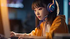 (3/4) 一位年轻的亚洲女孩在晚上使用她的笔记本电脑，戴着耳机，呈现出橙色和金色的灯光效果，具有游戏核心风格，类似于Shilin Huang的照片现实主义技巧，新学院主义，竞赛获胜者，Cecilia Beaux(AI绘图来自WeDraw.art)