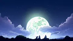 治愈唯美中秋插画满月一家人赏月壁纸月亮夜晚插画