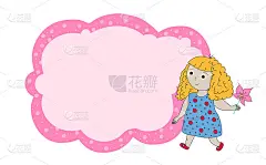 框架文字与卡通女孩。儿童文本框架。儿童服装店的横幅。横幅模板的孩子。卡通打印。