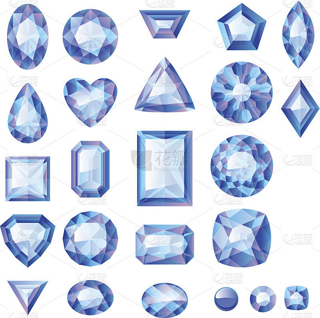 一套逼真的蓝色宝石。彩色宝石。