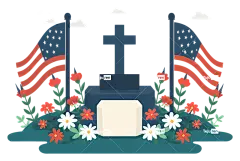 阵亡将士纪念日—带旗帜、十字架、忧郁心情的纪念碑
