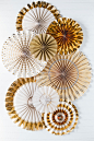 Cream & Gold Foil Paper Fans : These cream and gold metallic paper fans are the perfect addition to your upcoming celebration. Printed paper includes classic polka dots, stripes + more!