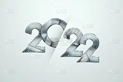 金属数字2022在浅色背景上。新年快乐。现代设计，模板，标题为网站，海报，新年贺卡，传单。3D插图，