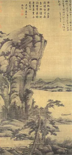 #诗画山河# 江上秋光薄，枫林霜叶稀。斜阳随树转，去雁背人飞。云影连江浒，渔家并翠微。沙涯如有约，相伴钓船归。——（元）吴镇《秋江渔隐图轴》及自题诗，台北故宫博物院藏。