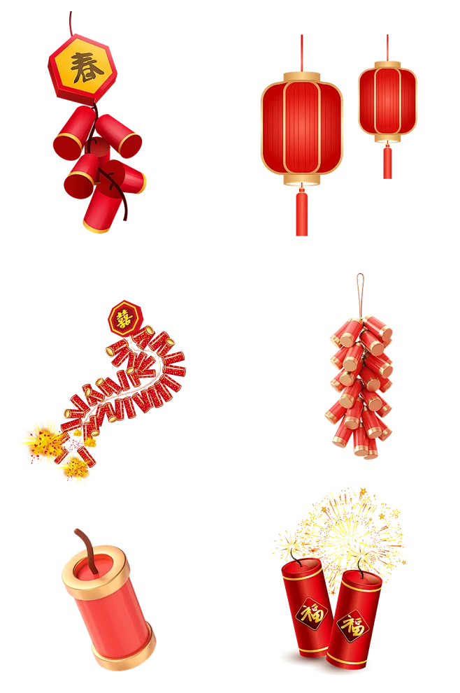 png元旦新年传统年味鞭炮灯笼蜡烛素材
