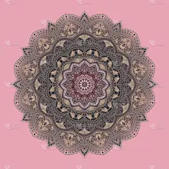 曼荼罗-矢量绘图，花卉图案，和谐的色彩。深浅不一的粉红色，米色，灰色和深蓝色。