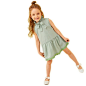 Green Striped Frilled Tie Neck Lace Hem Girls Dress