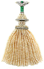 Platinum, pearl, diamond and emerald tassel brooch by Cartier, Paris. S.J Philips.