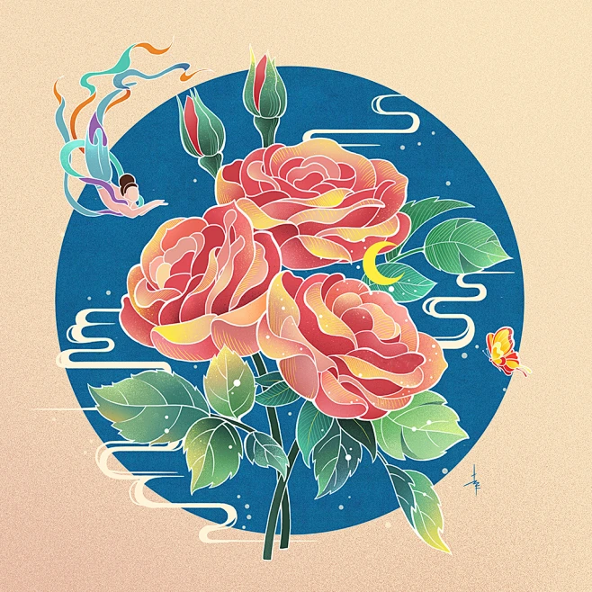 国潮花鸟小品插画-花瓣网
