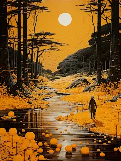 富有想象力的奇幻风景插画海报金黄色蘑菇