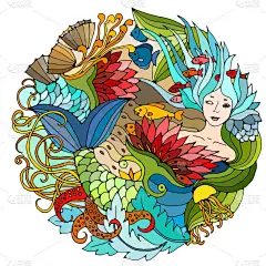 装饰的圆形元素与美人鱼、 海藻、 鱼。明亮的彩色矢量图。超现实的模板.