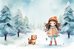 冰雪世界小雪女孩花式赏雪插画