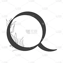 向量花字母。q字母设计婚礼请柬、卡片、花商名片的装饰。线条艺术风格的精致的树枝和树叶