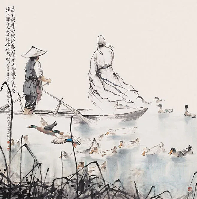 李白乘舟将欲行，忽闻岸上踏歌声。桃花潭水深千尺，不及汪伦送我情。——【唐】李白《赠汪伦》 （梅凯 图）