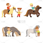 有趣的小孩骑小马和照顾他们的马设置，马术运动，矢量插图