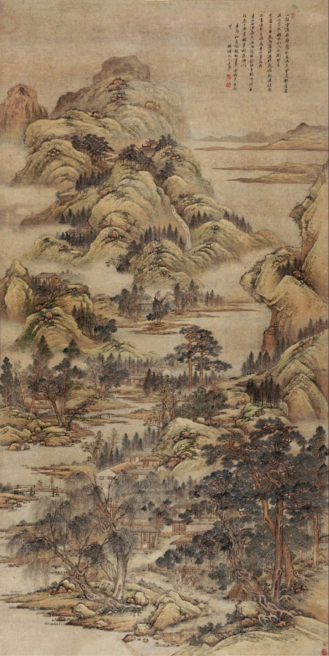 王翚——巨幅《仿赵松雪山水》【山径云深暗薜萝，松风吹送紫芝歌。苍苔满地芒鞵稳，不似人间荆棘多。零落苕华春雨旧，溪边昨夜涨新波。披图不尽怀贤意 ...