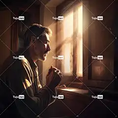 Ai产生的 男人 祈祷 窗户 金黄色的光芒 电影灯光 柔和的灯光