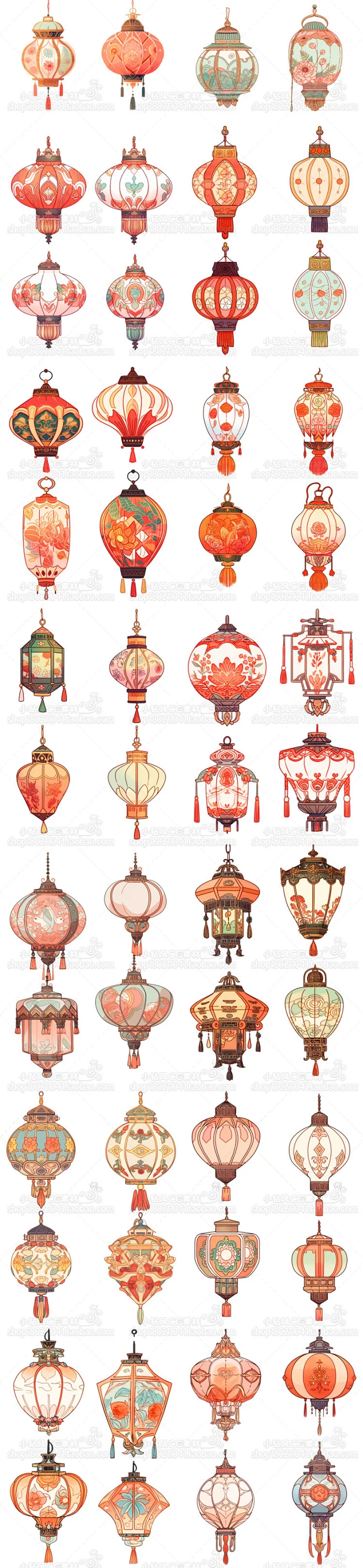 卡通灯笼图案素材 国风灯笼装饰图案设计插画png游戏场景元素资源-淘宝网-花瓣网