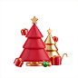 红金喜庆3D立体圣诞节礼盒礼包圣诞树元素C4D圣诞节礼盒