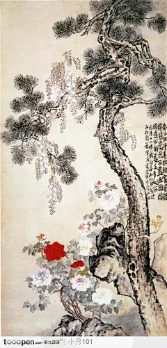 中国国画之花鸟-青松与牡丹