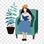 手绘坐在沙发上看书的女孩素材卡通手绘PNG图片➤来自 PNG搜索网 pngss.com 免费免扣png素材下载！