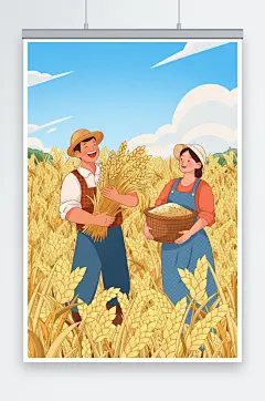 手绘插画丰收农民麦田麦子金黄蓝天白云