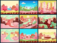 卡通童话风景。游戏背景的糖果土地图 — 图库矢量图片#78042224
