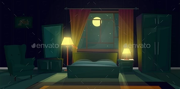 矢量晚上室内的卧室家具,背景装饰Vector Interior of Bedroom with Furniture at Night ...