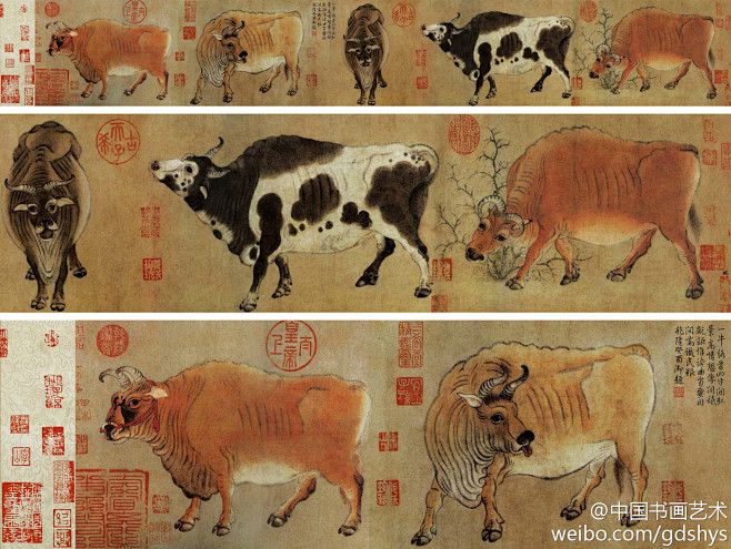 【 唐 韩滉《五牛图》】画中将牛憨态可掬...