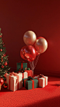 C4D render blender, 3D shooting style, photo of various gift boxes and balloons placed on the red carpet in front of it, a Christmas tree decoration next to them, a festive atmosphere, warm colors, bright light, a red wall background, a full-body shot, in