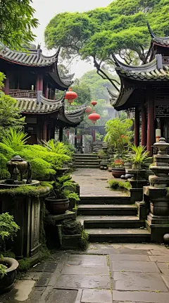 蓝天白云古风建筑3d古风建筑植物树木