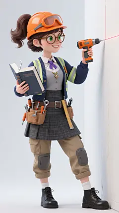 3D卡通风格年轻女性，戴着橙色护目镜式安全帽，亚麻色短发扎成利落高马尾，翡翠绿眼眸专注而明亮，嘴角噙着自信微笑，左手持激光水平仪投射红线，右手紧握橙色电钻对准墙面，内穿灰色工装背心，外搭反光条工装夹克，腰间挂着工具带插满螺丝刀与卷尺，穿着卡其色多口袋工装裤（膝盖处有防护垫），脚蹬钢头安全靴，整体造型干练专业，色彩以工业橙与机械灰为主调，光影强调金属质感与人物轮廓，人物姿态展现施工中的动态平衡感，背景为纯白色。

3D卡通风格年轻女性，戴着玳瑁纹圆框眼镜，深棕色长卷发在脑后盘成优雅发髻，紫罗兰色眼眸透着知性