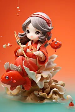 古风美女春节新年锦鲤人物模型