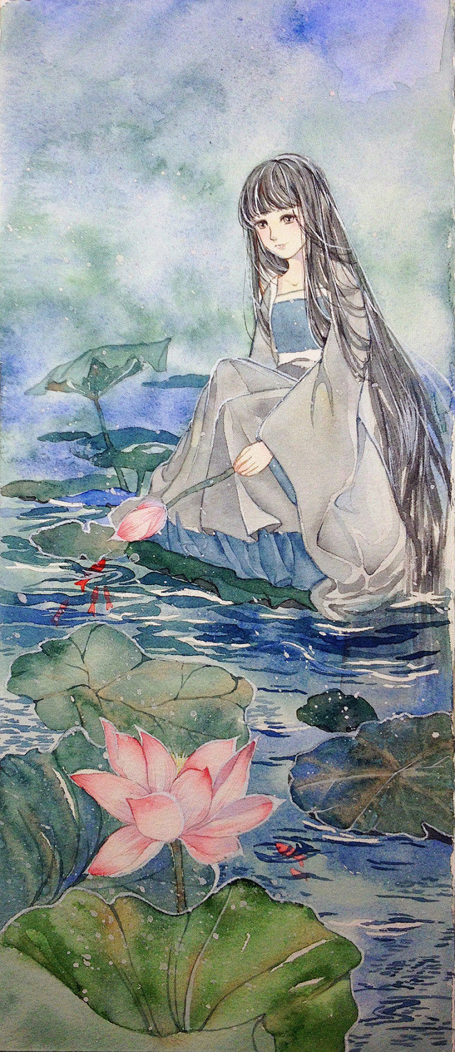 荷花-里夏ricia_水彩,古风,插画_...