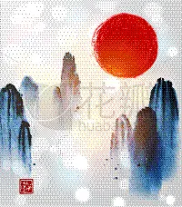 红色,山,雾,墨水,动物手,日光,东方人,地形,黑色,绘制