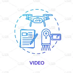 视频图标的概念。数字营销，多媒体内容创意细线插图。电视广告，促销活动。矢量隔离轮廓RGB彩色绘图