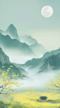 花瓣素材_中国风通用水墨绿意春色山水背景图片素材_193506428