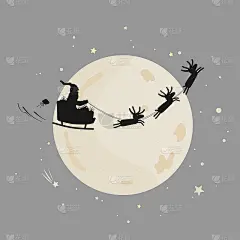 在满月的天空中，圣诞老人骑着驯鹿的雪橇。飞鹿群矢量插图孤立的白色