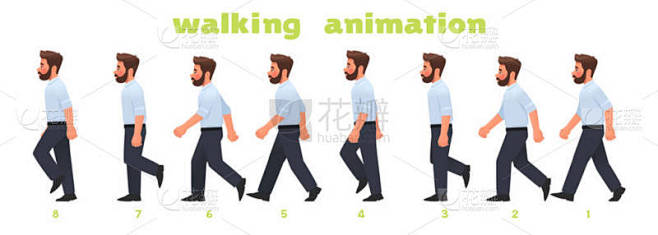 人物形象行走动画。商人走起路来，一步步地走着一圈圈的照片。卡通风格的矢量图解