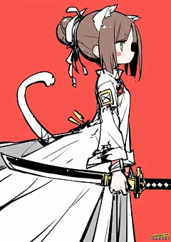 赤壁，简单，滑稽。丰富多彩的。简单的绘图。有猫耳朵的女孩。猫尾巴，可爱的姿势，可爱。日本武士。中国服装。前卫金属音乐。非常滑稽，赤壁。粉红色单色背景。 | 中文prompt咒语大全，ChatGPT咒语，Midjourney咒语，文生图咒语，提示词翻译，prompt翻译