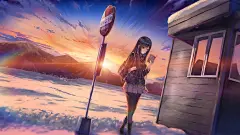 冬天 天空 雪 日落 站台车站 女生 看书