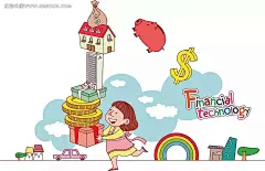 儿童卡通插画——拿着礼盒金币开心的小胖妞彩虹|房屋|金币|卡通|卡通人物|卡通人物图片|礼盒|漫画人物|女孩|人物素材|人物图片|矢量人物|矢量素材|猪