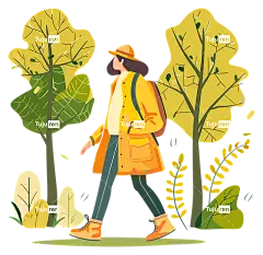 秋叶—穿黄色雨衣的女人在森林里散步