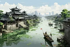 水墨江南风插画绘画图片