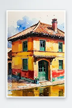 手绘油画老房子四合院插画-众图网