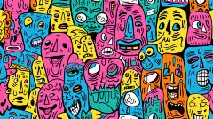 点击来源直接获取大图文件 |色彩缤纷的快乐面孔涂鸦表情，俏皮的手绘图案