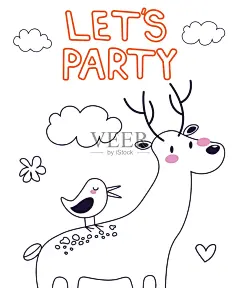 矢量卡鹿和鸟。画线。可爱的动物。手绘线条。海报文字让我们聚会。印花，明信片，请柬，贺卡，衣服印花，纺织印花。每股收益插画图片素材